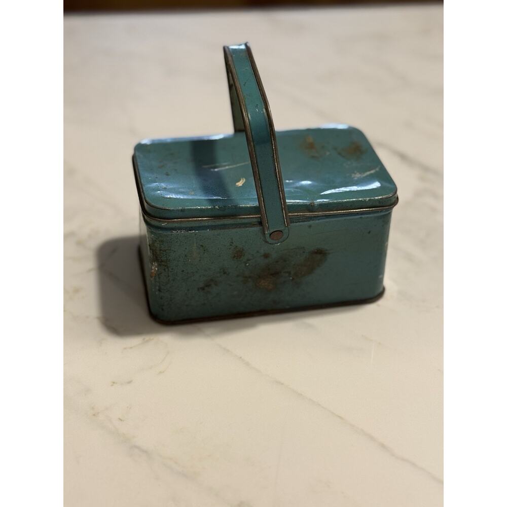 Cute Tindeco Antique Blue Metal Small VTG Lunch Tin Pail Hinged Lid Handle